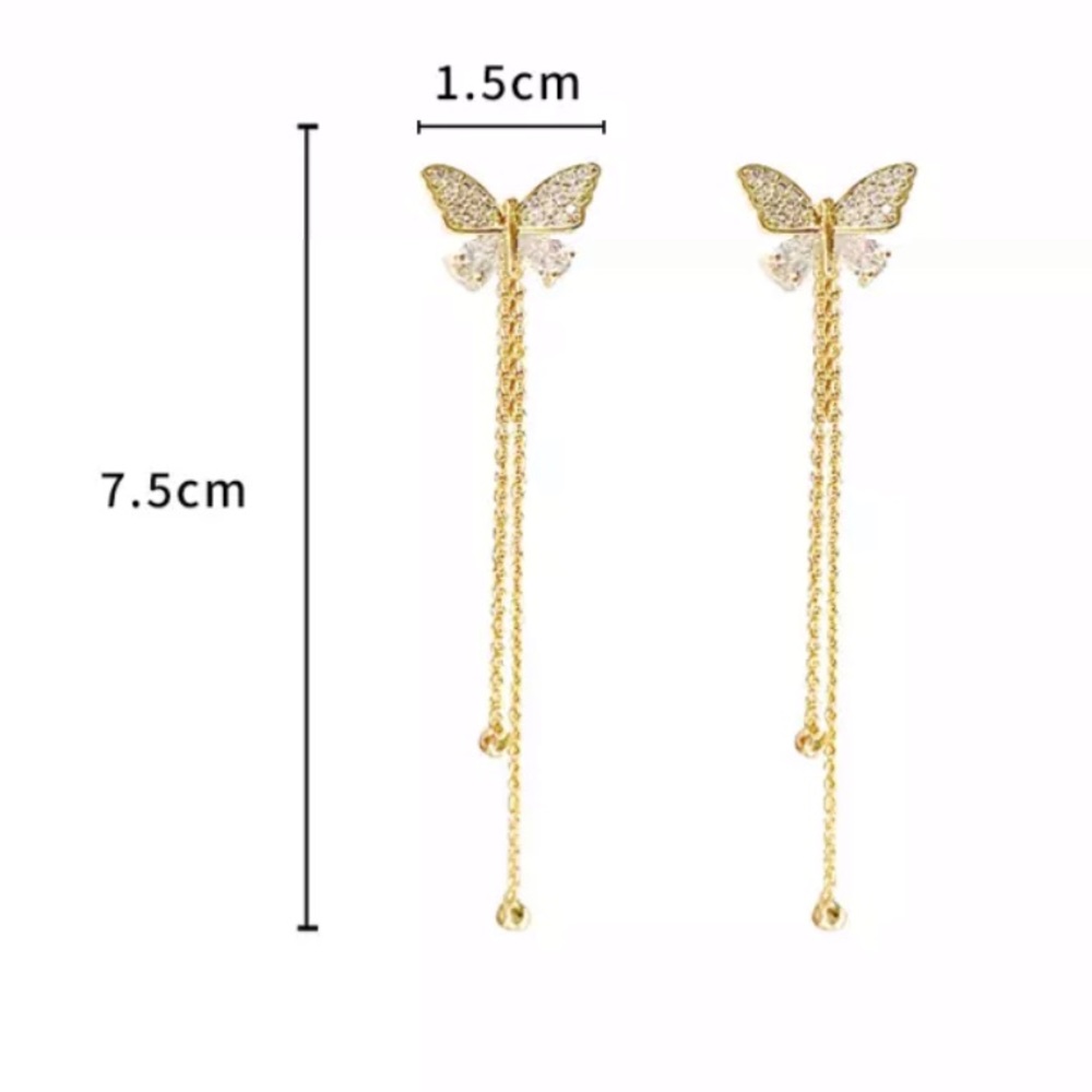 Butterfly cubic zirconia stud/dangle gold earrings - Picture 6 of 7